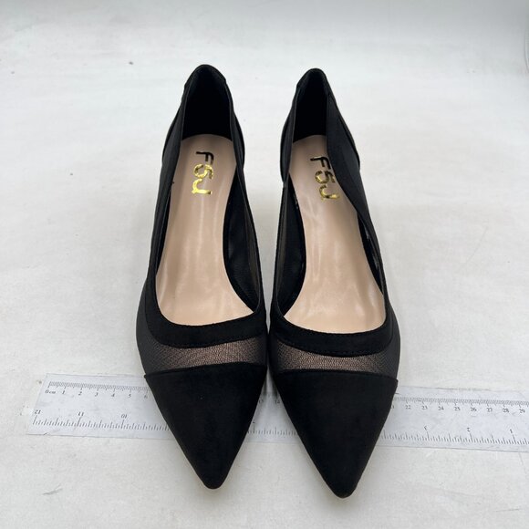 FSJ Women Bridal Pointed Toe Chunky Block Low Heel Crystal Pumps ,Black Mesh - Picture 3 of 8
